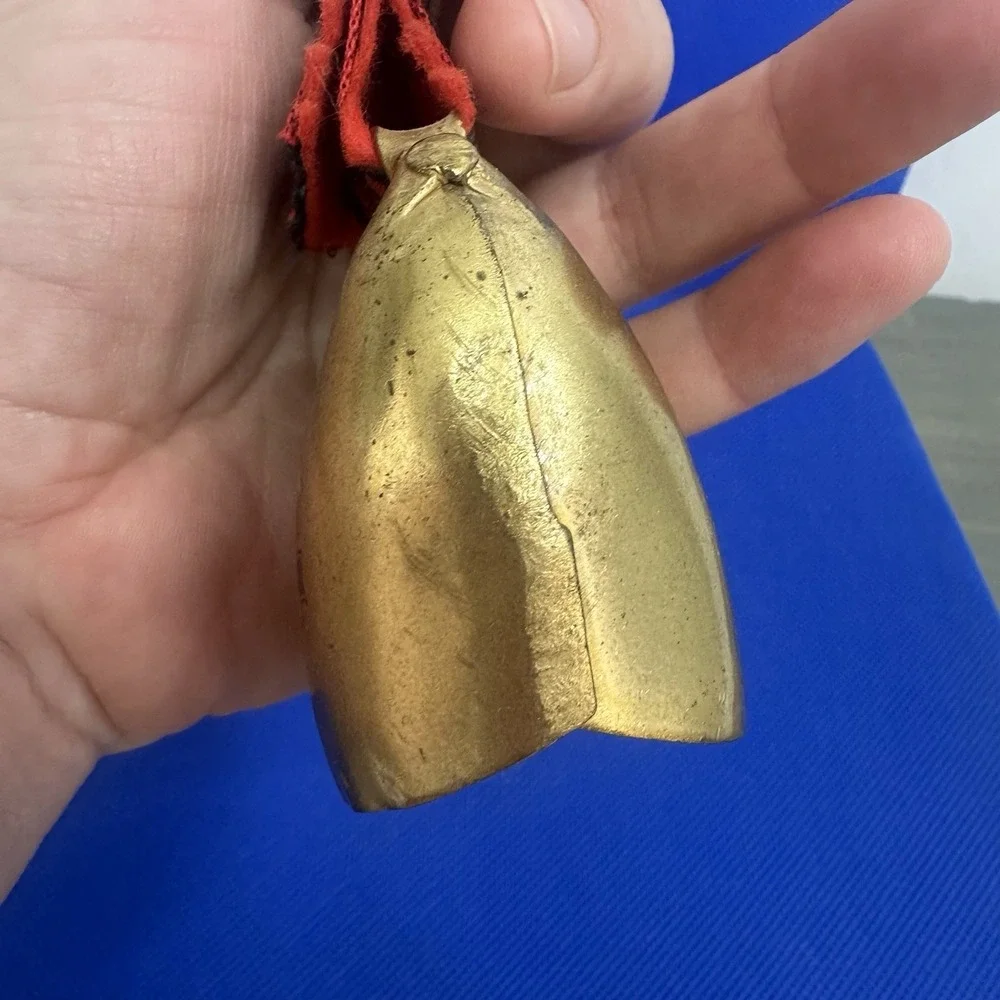 Vintage Floral Switzerland Gold Tone Metal Cow Bell with Floral Heart Ribbon